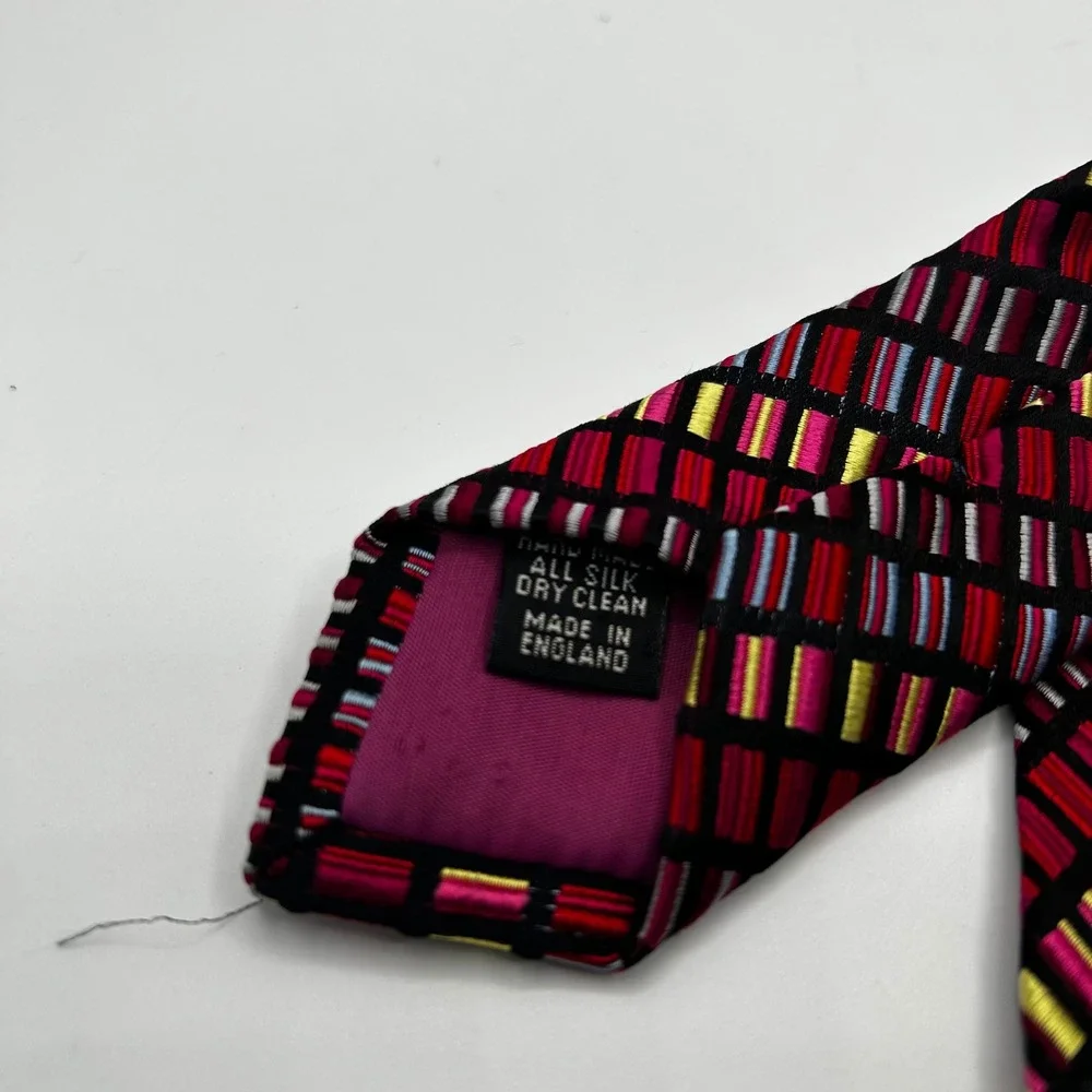 Duchamp‎ London Mens Silk Tie Red Pink Yellow Geometric Grid Made in England
